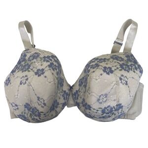 Cacique 40DD Lightly Lined Full Coverage Bra Blue Floral Lace Beige Underwire